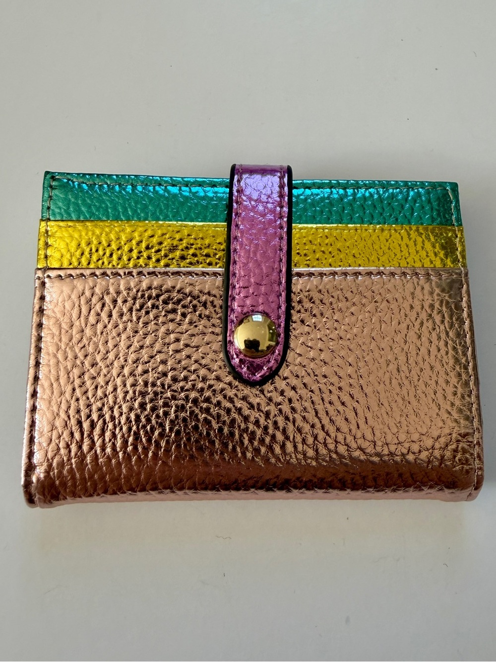 NEW Metallic Leather Bifold Card Holder Wallet Colorblock Snap Closure Rose Gold
